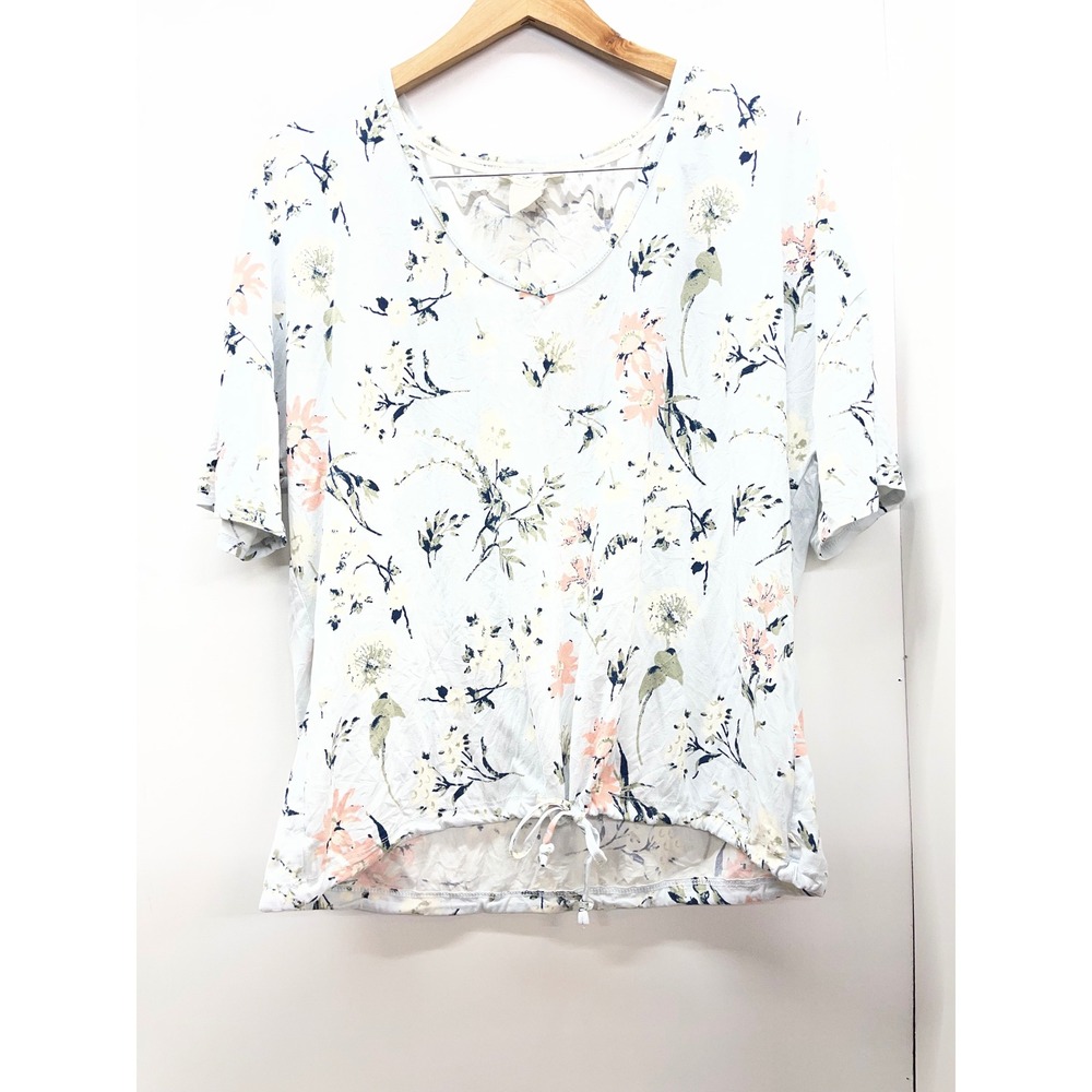 Lucky Brand Floral V-Neck Cinch Hem Top Blue Pink XL Short Sleeve Blouse‎